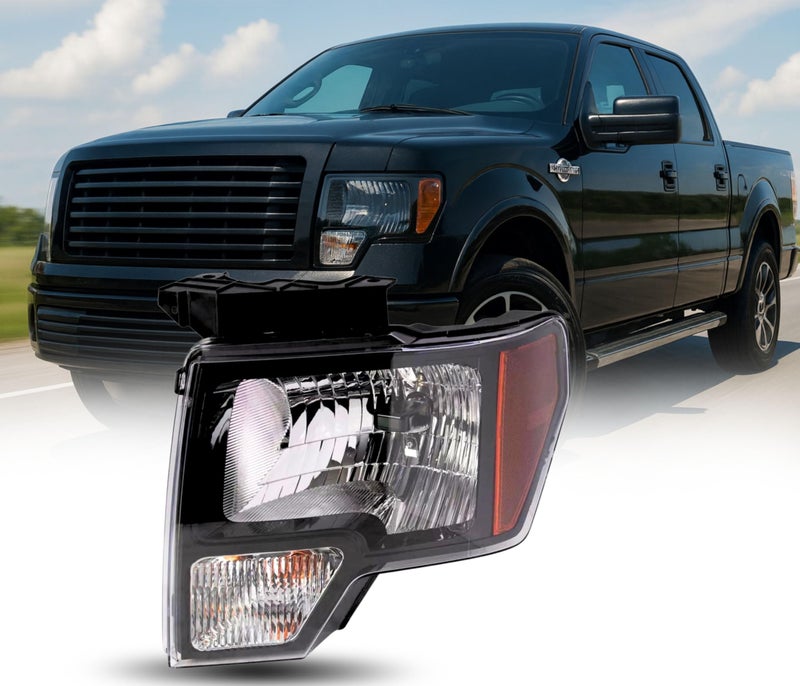 بديل لمصباح الرأس لسيارة فورد F150 2009-2014 مجموعة مصابيح هالوجين مع لمبات الجانب الأيسر للسائق هيكل أسود FO2502287 DL3Z 13008 EB متوافق مع DOT SAE