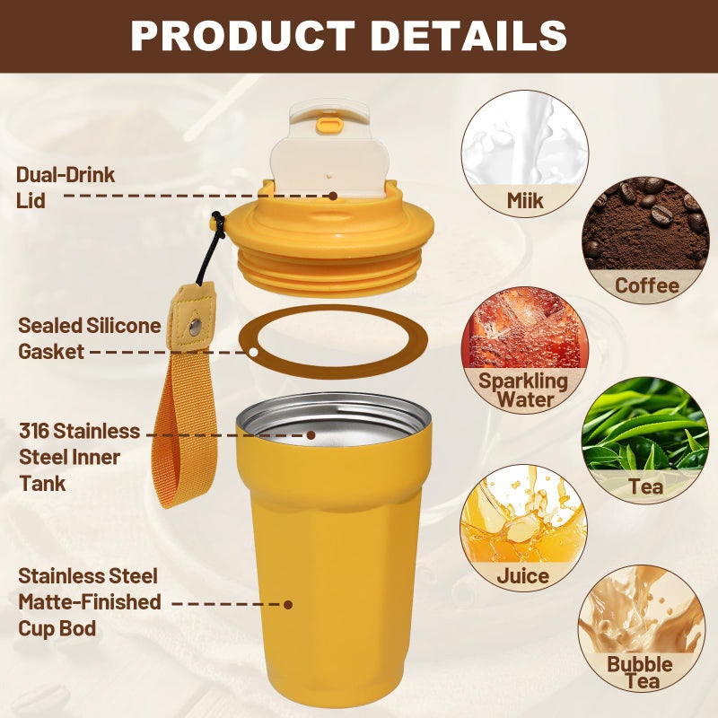 DITOSH Insulated Coffee Tumbler 15.2oz 450ml Travel Coffee Mug 316 Stainless Steel Direct Drink Opening Leakproof Lid Reusable Insulated Coffee Mug Hot and Cold Ideal Travel Mug for Coffee Lover - Image 3