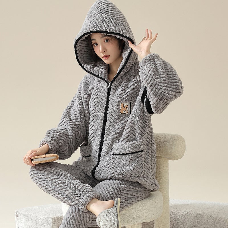 2024 Winter New Cute Girl Thickened Coral Fleece Warm Flannel Home Clothes Suit Pajamas For Women In Winter - Image 1