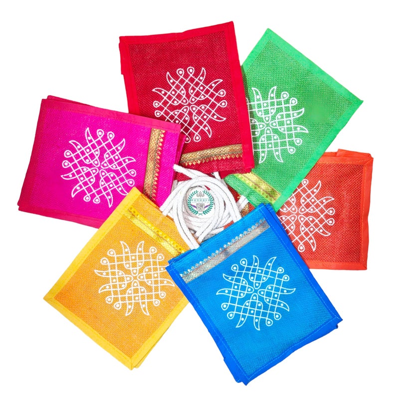 Anumala® Jute Bags with Contrast Kolam Art | Thamboolam And Jute Bags|Wedding Return Gifts|Birthday Return Gifts|Event Return gifts Bag|Multicolor (10x8x4) inches (COMBO_6Pcs) - Image 1