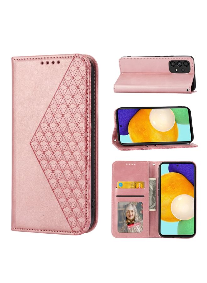 Case Cover For Samsung Galaxy A73 5G Cubic Grid Calf Texture Magnetic Closure Leather Phone Case Rose Gold