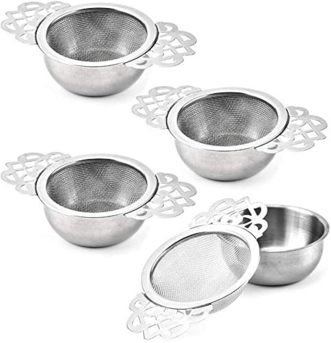 4 SET TEA STRAINERS WITH DRIP BOWLS LOOSE LEAF TEA STRAINERS WITH DOUBLE WINGED HANDLES EXTRA FINE MESH TEA INFUSER BREW LOOSE LEAF TEA SPICES SEASONINGS