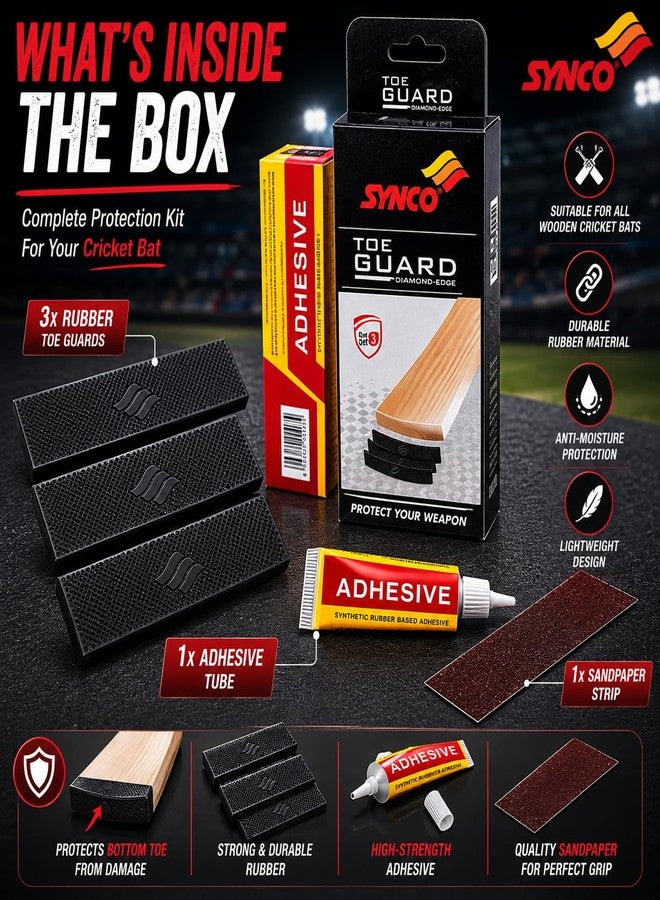 Synco Cricket Bat Toe Guard Kit with Adhesive & Sandpaper, 3 Pcs Rubber Toe Guard Protection, Durable Bat Toe Protection for All Cricket Bats, Anti-Damage Moisture Protection Kit - Image 3