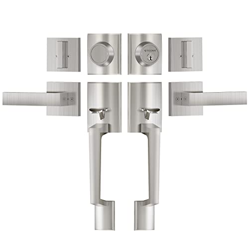 TICONN Double Front Door Handle Set, Heavy Duty Square Door Lever and Single Cylinder Deadbolt Combo for Side by Side Entrance Exterior Doors (Satin Nickel) - Image 1