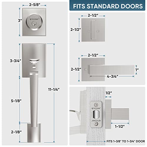TICONN Double Front Door Handle Set, Heavy Duty Square Door Lever and Single Cylinder Deadbolt Combo for Side by Side Entrance Exterior Doors (Satin Nickel) - Image 2
