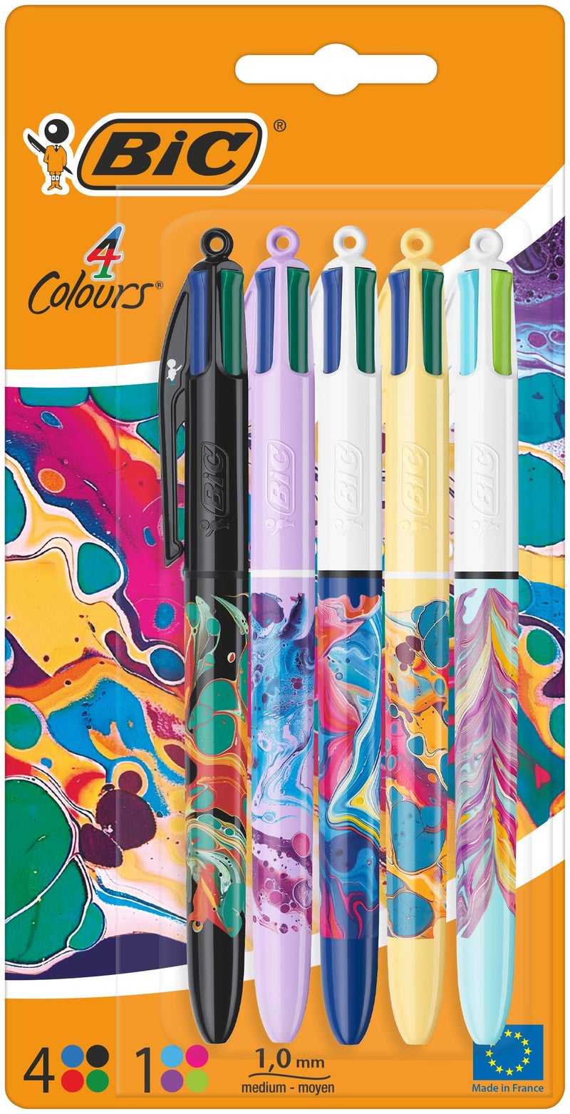 Bic 4 Colours All In One Multi Coloured Retractable Ballpoint Pens Medium 1 0Mm Green Blue Red Black 5 Per Pack