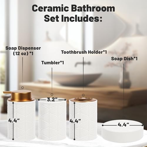Kukikan Ceramic Bathroom Accessories Set, 4 Pcs-Includes Lotion Soap Dispenser, Toothbrush Holder, Vanity Tray, and Tumbler, Modern Bathroom Decor Organizer with Soap Dish, Apothecary Jar, White Color - Image 3