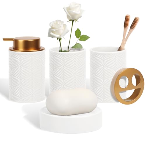Kukikan Ceramic Bathroom Accessories Set, 4 Pcs-Includes Lotion Soap Dispenser, Toothbrush Holder, Vanity Tray, and Tumbler, Modern Bathroom Decor Organizer with Soap Dish, Apothecary Jar, White Color - Image 1