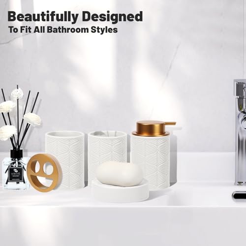 Kukikan Ceramic Bathroom Accessories Set, 4 Pcs-Includes Lotion Soap Dispenser, Toothbrush Holder, Vanity Tray, and Tumbler, Modern Bathroom Decor Organizer with Soap Dish, Apothecary Jar, White Color - Image 2