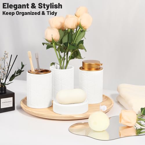 Kukikan Ceramic Bathroom Accessories Set, 4 Pcs-Includes Lotion Soap Dispenser, Toothbrush Holder, Vanity Tray, and Tumbler, Modern Bathroom Decor Organizer with Soap Dish, Apothecary Jar, White Color - Image 4