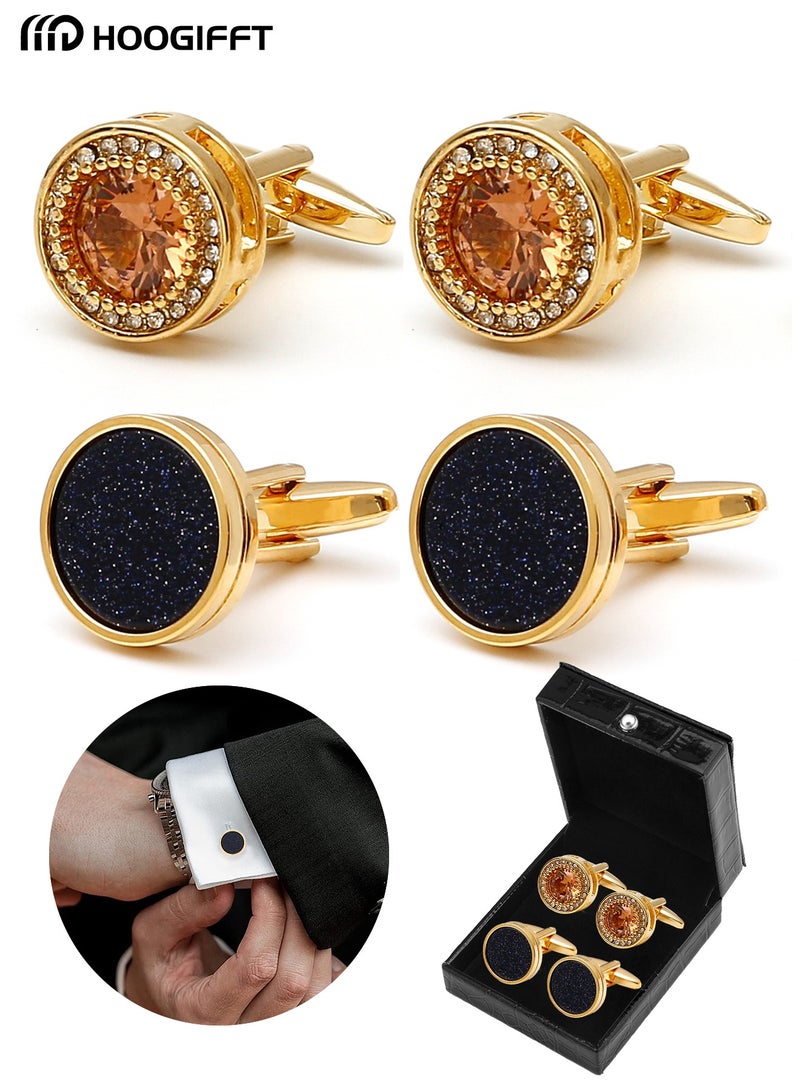 HOOGIFFT 2 Pairs Men's Cufflinks, Shirt Suit Cufflinks, Gold cufflinks，With Classic Calm and Unique Design are Suitable for Formal occasions and Daily Mens Accessories（with Cufflink Box） - Image 1