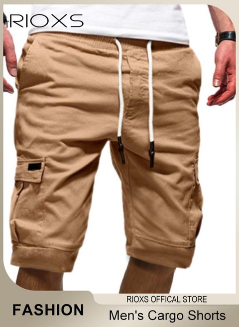 Cargo Shorts for Men, Elastic Waist Drawstring Classic Shorts, Mens Casual Cargo Short Pants, Stretch Knee Length Pants With Pockets, Comfy Breathable Athlesiure Shorts, Lightweight Men's Shorts for Work/ Sports/ Gym Daily Wear, Khaki Shorts