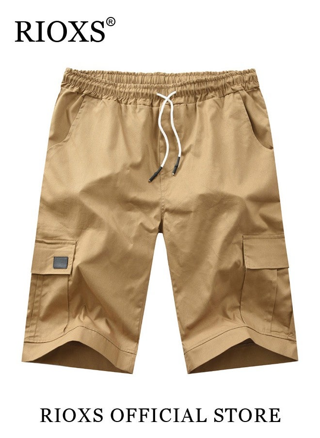 RIOXS - Men's Cargo Shorts,Elastic Waist Drawstring Classic Shorts,Stretch Knee Length Pants With Pockets,Breathable Lightweight Shorts For Work Sports Or Daily Wear - Image 1