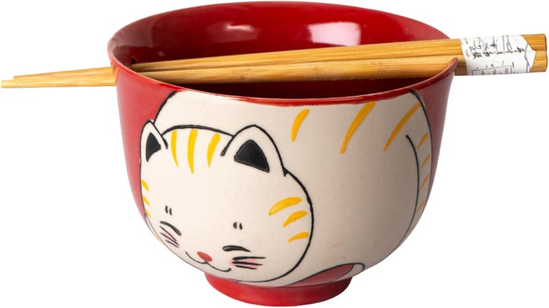 Hinomaru Collection Quality Japanese Multi Purpose Ramen Udon Noodle Rice Tayo Bowl with Chopsticks Gift Set 5 Inch Diameter Red Cat