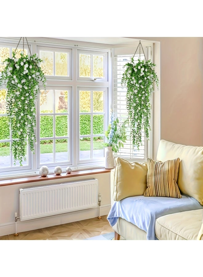 Goolsky 3 قطع من نباتات الكاميليا الاصطناعية المعلقة - نباتات بلاستيكية خضراء مع زهور بيضاء، لا حاجة لوعاء، ديكور منزلي وخارجي سهل الصيانة لعيد الحب، عيد الأم، حفلات الزفاف، رمضان، عيد الأب - Image 3