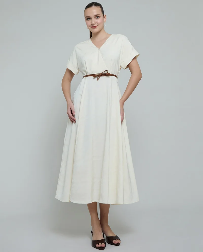 أر أند بي Solid Flared Dress with V-Neck and Short Sleeves