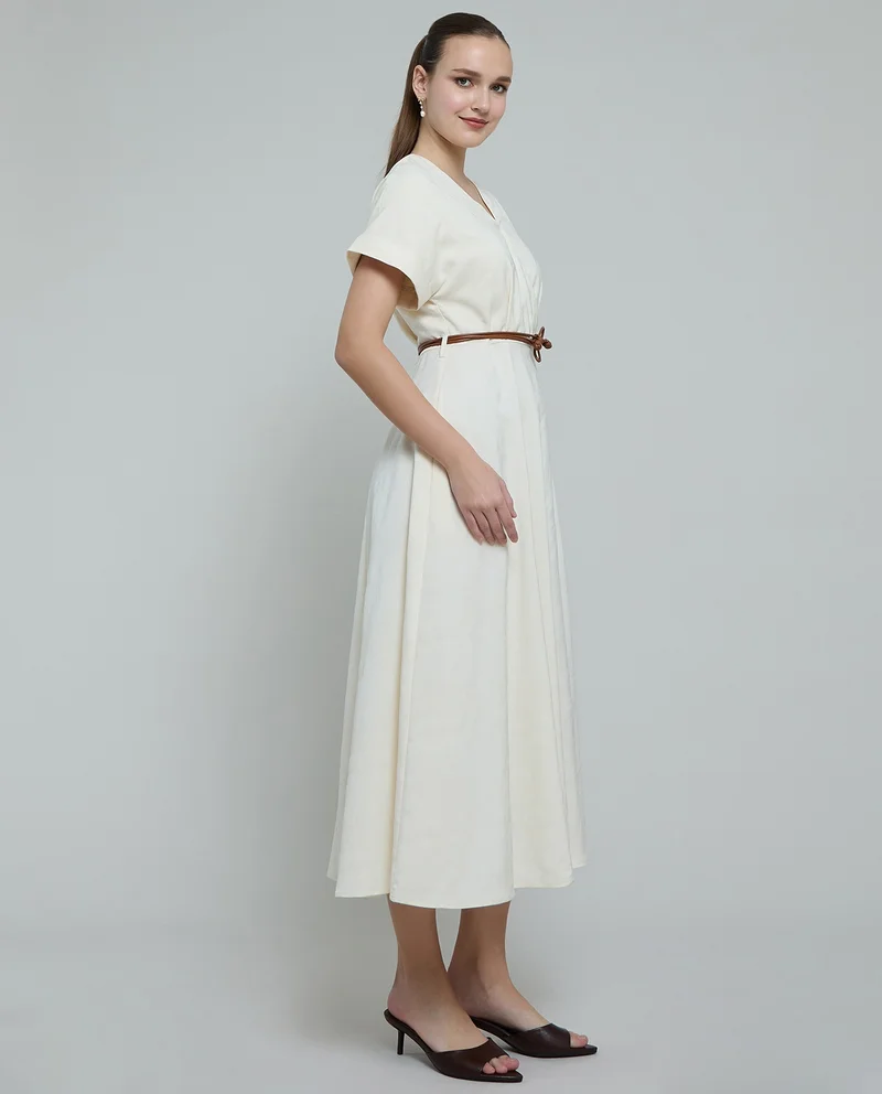 أر أند بي Solid Flared Dress with V-Neck and Short Sleeves