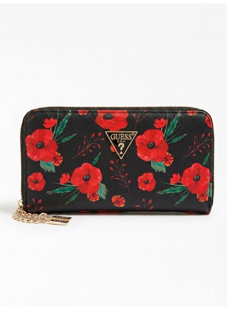 GUESS Women’s Black Floral Zip Around Wallet – Elegant Printed Wallet with Red Flower Design