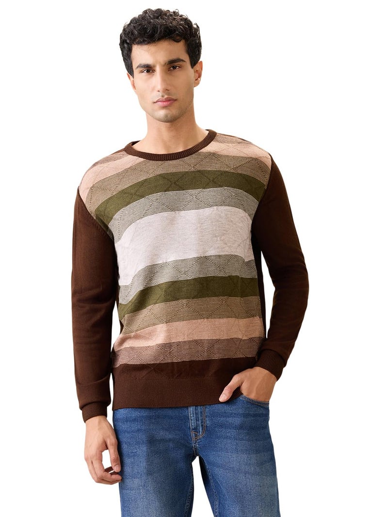 Raymond Men Full Sleeve Regular Fit Stripe Pattern Pure Acrylic Round Neck Casual Sweater Dark Green - Image 1