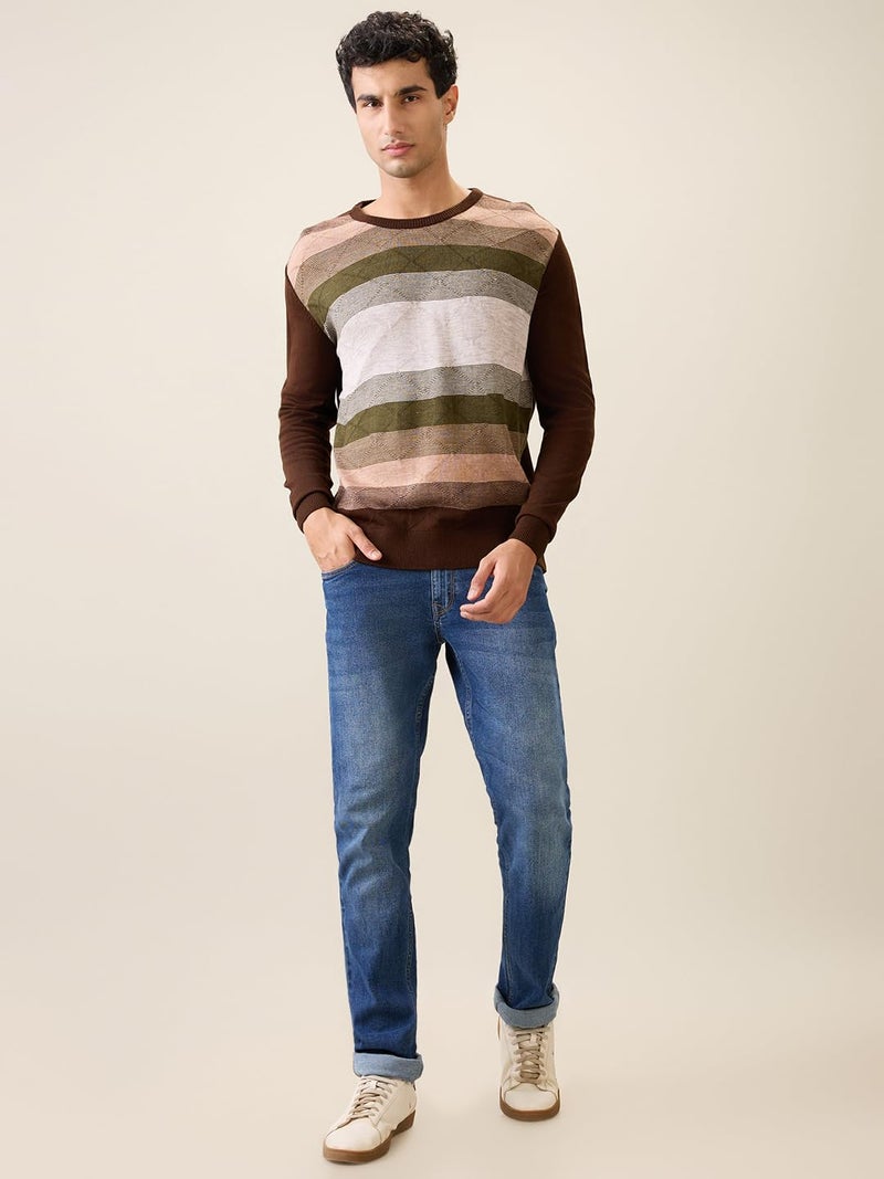 Raymond Men Full Sleeve Regular Fit Stripe Pattern Pure Acrylic Round Neck Casual Sweater Dark Green - Image 5