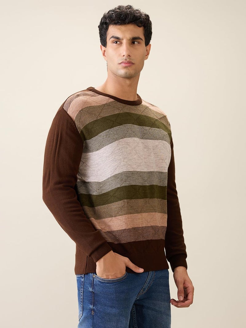 Raymond Men Full Sleeve Regular Fit Stripe Pattern Pure Acrylic Round Neck Casual Sweater Dark Green - Image 3