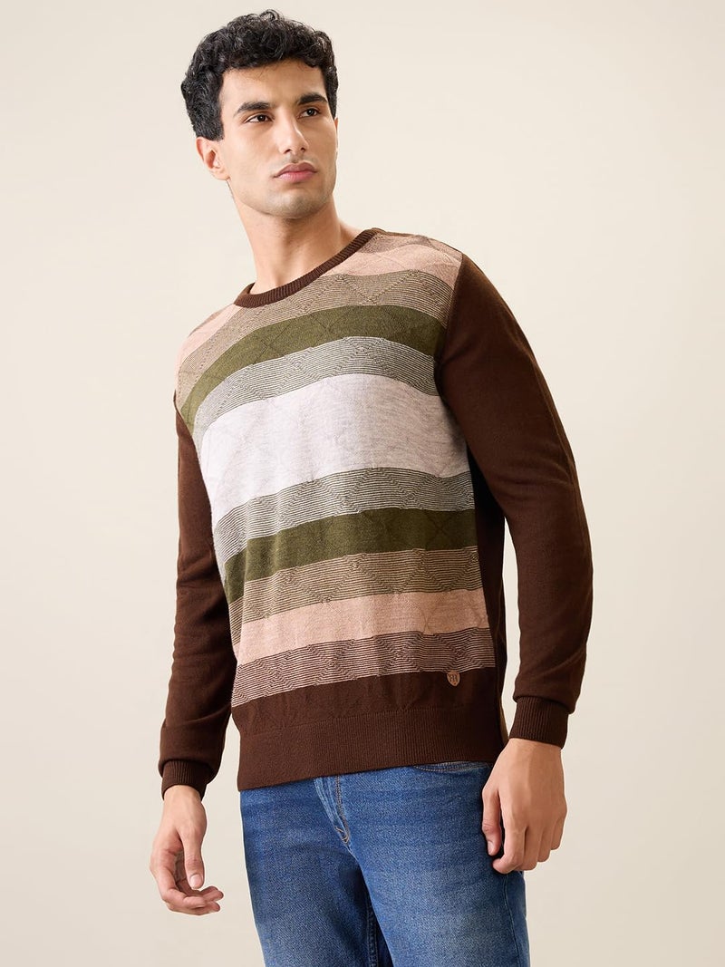 Raymond Men Full Sleeve Regular Fit Stripe Pattern Pure Acrylic Round Neck Casual Sweater Dark Green - Image 2