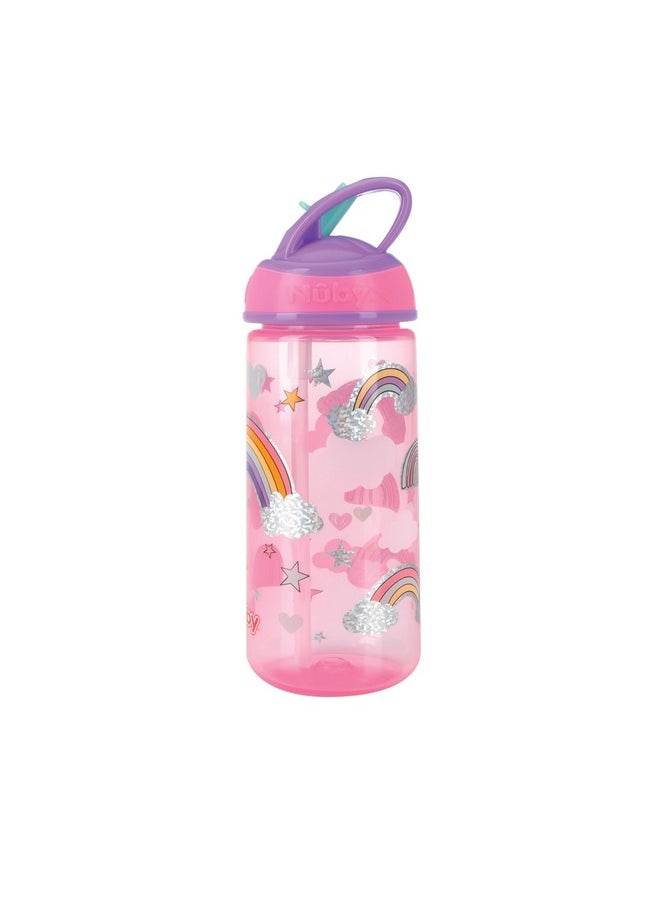 Nuby - 2 Pack Iridescent Pp Flip-It Kids On-The-Go Printed Water Bottle With Bite Proof Hard Straw - 18Oz / 540 Ml, 18+ Months, 2 Pk, Mermaid & Rainbow Print - Image 1
