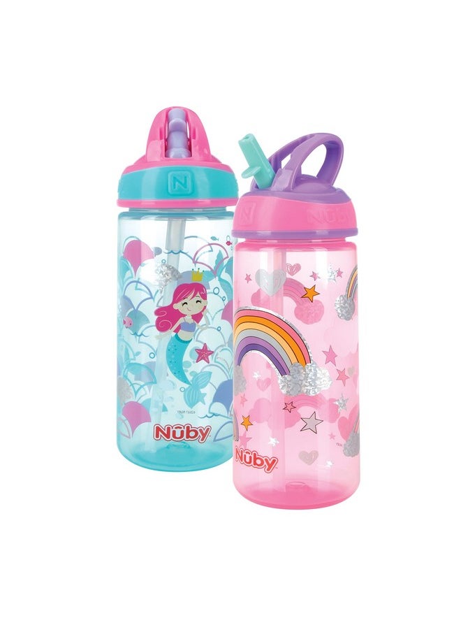 Nuby - 2 Pack Iridescent Pp Flip-It Kids On-The-Go Printed Water Bottle With Bite Proof Hard Straw - 18Oz / 540 Ml, 18+ Months, 2 Pk, Mermaid & Rainbow Print - Image 1