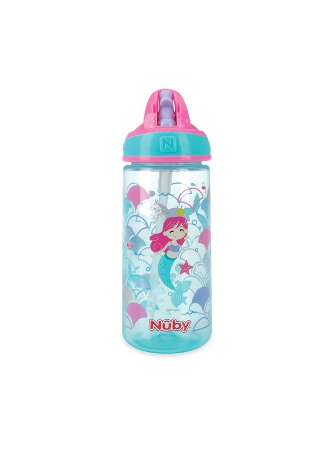 Nuby - 2 Pack Iridescent Pp Flip-It Kids On-The-Go Printed Water Bottle With Bite Proof Hard Straw - 18Oz / 540 Ml, 18+ Months, 2 Pk, Mermaid & Rainbow Print - Image 1