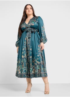 Plus size printed wrap dress