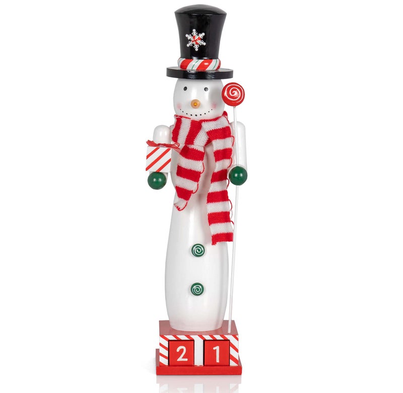Ornativity Christmas Snowman Countdown Nutcracker  Wooden Snow Man Nutcracker with Advent Calendar Count Down to Christmas Base Xmas Themed Holiday Nut Cracker Doll Figure Decorations