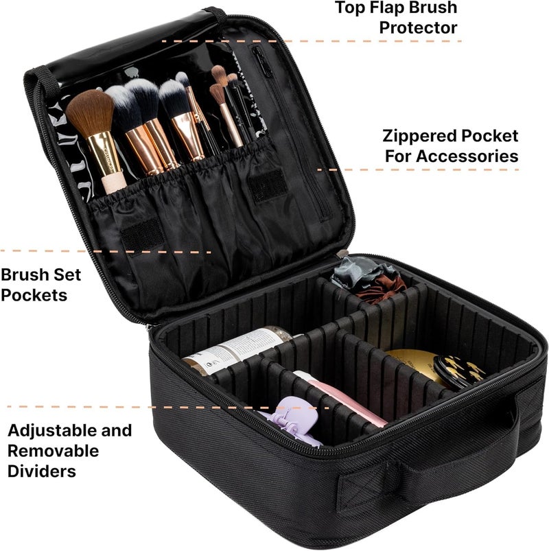CPEX Travel Makeup Train Case Professional DIY Cosmetic Storage Organizer Kit Portable Mini Make Up Bag Artist Leather Carrying Box with Adjustable Divider Black - Image 2
