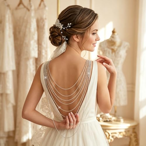 Jojomina Layered Rhinestone Backdrop Necklace for Women 8 Strand Crystal Choker and Back Chain Necklace Bridal Jewelry for Wedding Prom Party - Image 3