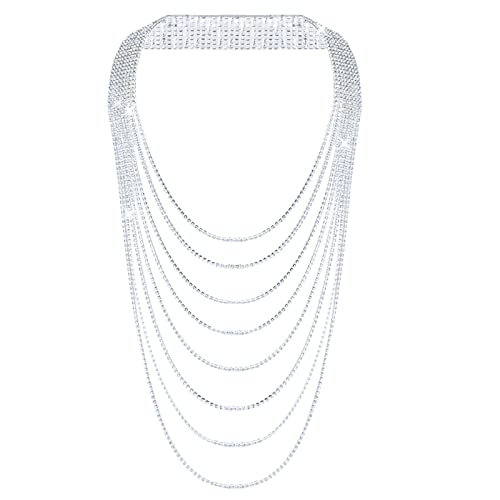 Jojomina Layered Rhinestone Backdrop Necklace for Women 8 Strand Crystal Choker and Back Chain Necklace Bridal Jewelry for Wedding Prom Party - Image 1