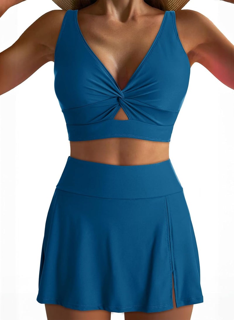 2025 New Solid Color Women''s Split Swimsuit Deep V Hollow Top High Waist Skirt Women''s 2-piece Swim Set - Image 1