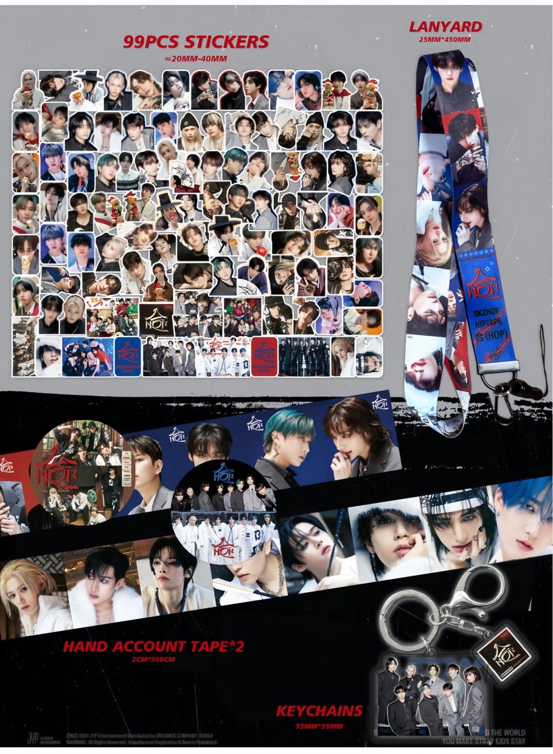 لغة ألبوم Stray Kids الجديد 合(HOP) Gift Box يشمل بطاقات لومو، سلاسل مفاتيح، أشرطة مفكرة، سلاسل مفاتيح، حبال تعريف، مجسمات، وملصقات. - Image 3