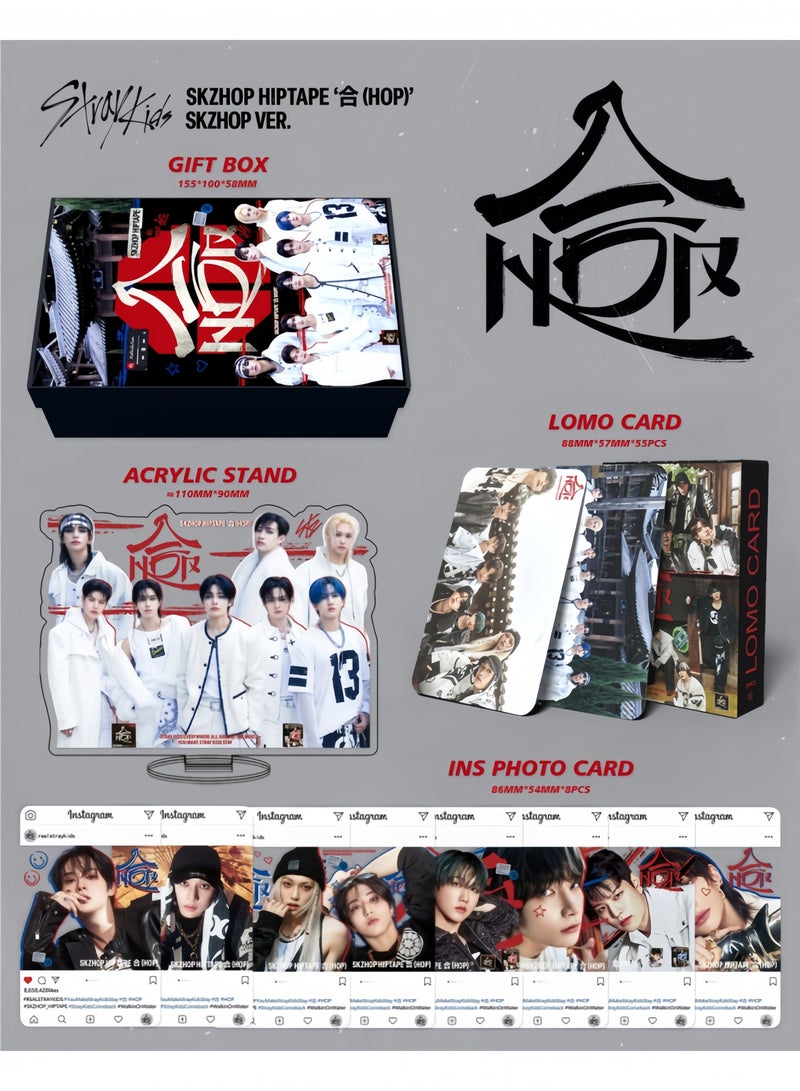 لغة ألبوم Stray Kids الجديد 合(HOP) Gift Box يشمل بطاقات لومو، سلاسل مفاتيح، أشرطة مفكرة، سلاسل مفاتيح، حبال تعريف، مجسمات، وملصقات. - Image 2