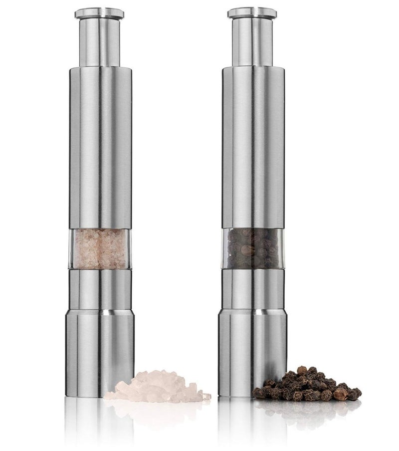 Keweis Salt And Pepper Grinder Set Of 2 Stainless Steel Push Button Grinder Modern Design Thumb Grinder  For Black Pepper  Sea Salt And Himalayan Salt  Spice And Salt - Image 1