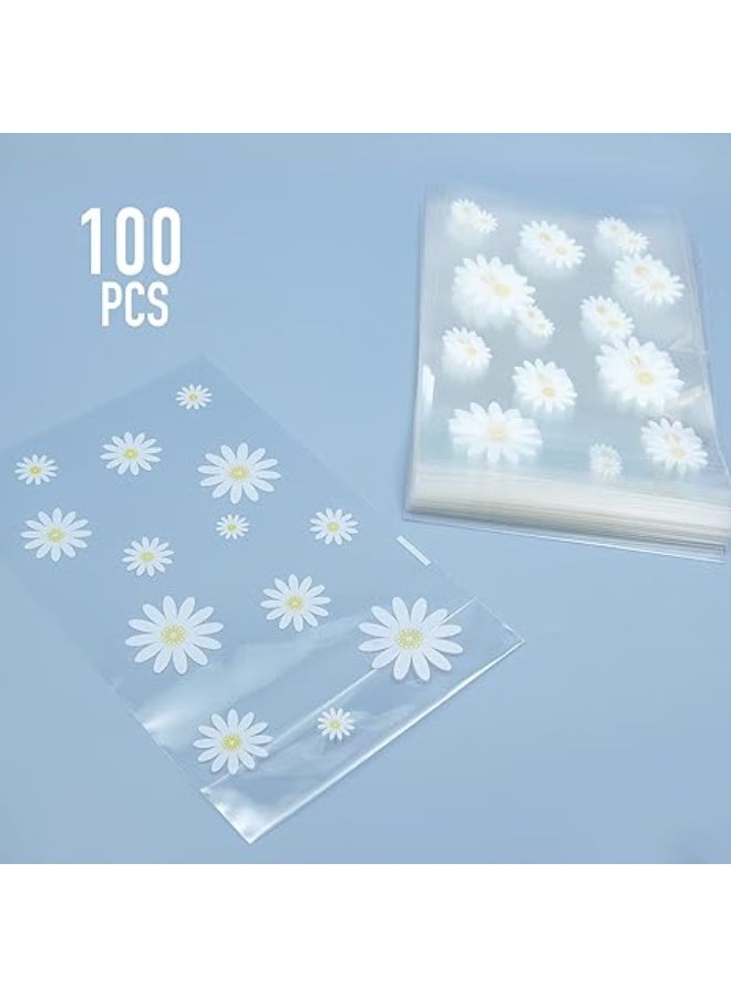 100pcs Gusseted cellophane Bags Little White Daisy Cookie Bags (Size 3.94"x6.1"x1.2" with Gold Twist Ties, Best Gusset Bag for Presenting Packaged Treats, Candy, Popcorn etc. - Image 2