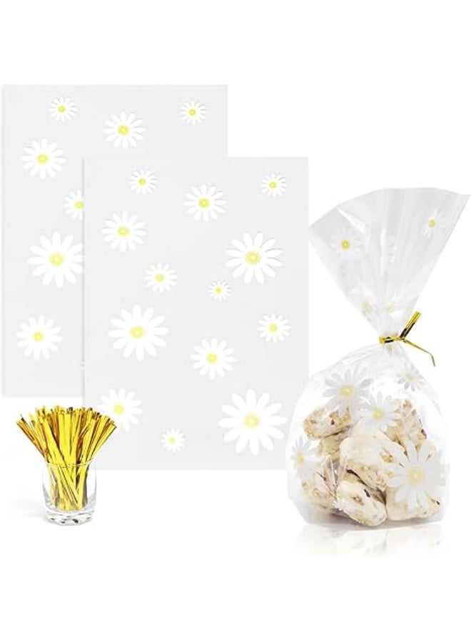 100pcs Gusseted cellophane Bags Little White Daisy Cookie Bags (Size 3.94"x6.1"x1.2" with Gold Twist Ties, Best Gusset Bag for Presenting Packaged Treats, Candy, Popcorn etc. - Image 1