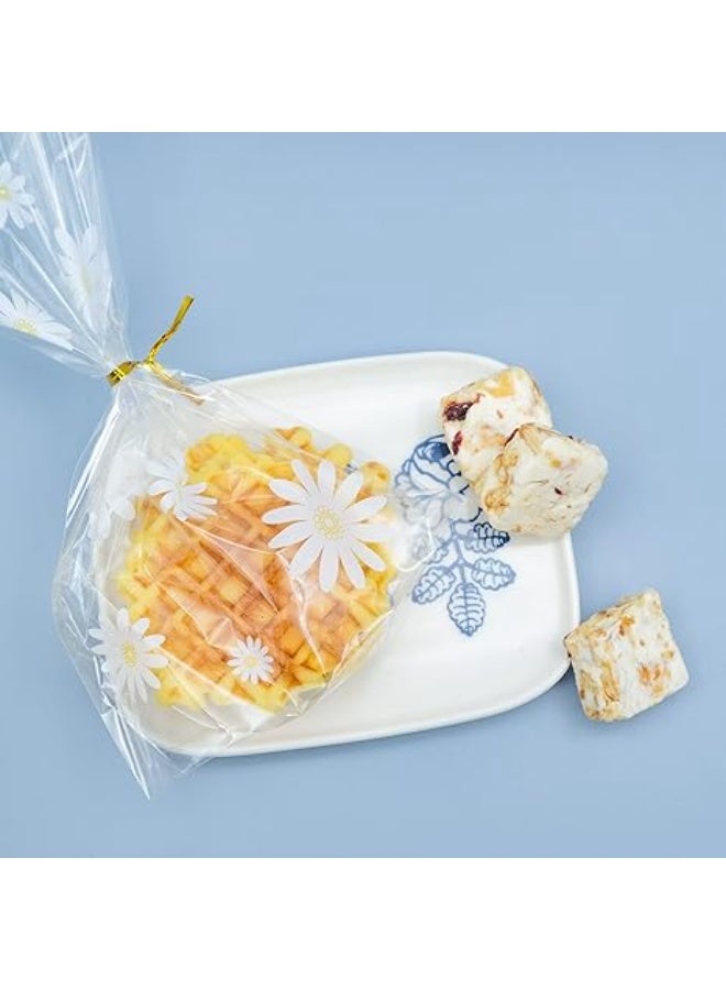 100pcs Gusseted cellophane Bags Little White Daisy Cookie Bags (Size 3.94"x6.1"x1.2" with Gold Twist Ties, Best Gusset Bag for Presenting Packaged Treats, Candy, Popcorn etc. - Image 5