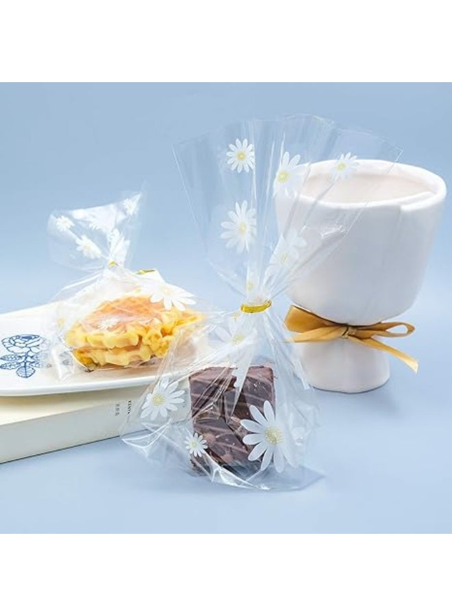 100pcs Gusseted cellophane Bags Little White Daisy Cookie Bags (Size 3.94"x6.1"x1.2" with Gold Twist Ties, Best Gusset Bag for Presenting Packaged Treats, Candy, Popcorn etc. - Image 3