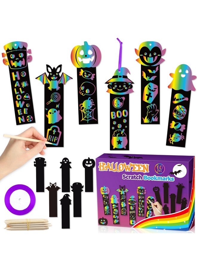 BeYumi 60Pcs Halloween Scratch Bookmarks Gift Set for Kids DIY Pumpkin Bat Witch Frankenstein Spooky Boo Vampire Magic Scratch Paper Art Craft School Classroom Activity Art Project Party Favor - Image 1