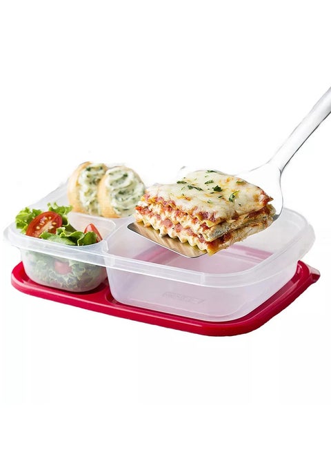Deep plastic lunch box, 3 compartments, rectangular shape, 2.2 liter capacity, for trips, schools and clubs. Watermelon color.