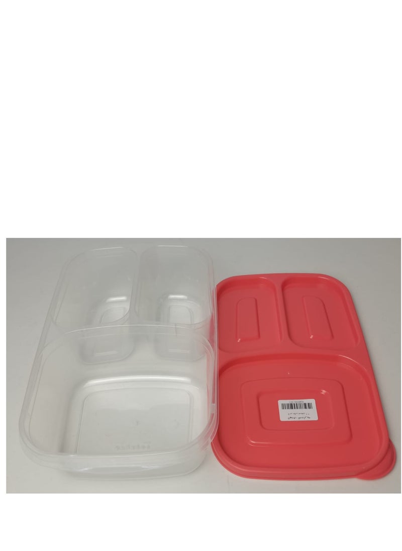 Generic - Deep plastic lunch box, 3 compartments, rectangular shape, 2.2 liter capacity, for trips, schools and clubs. Watermelon color. - Image 1
