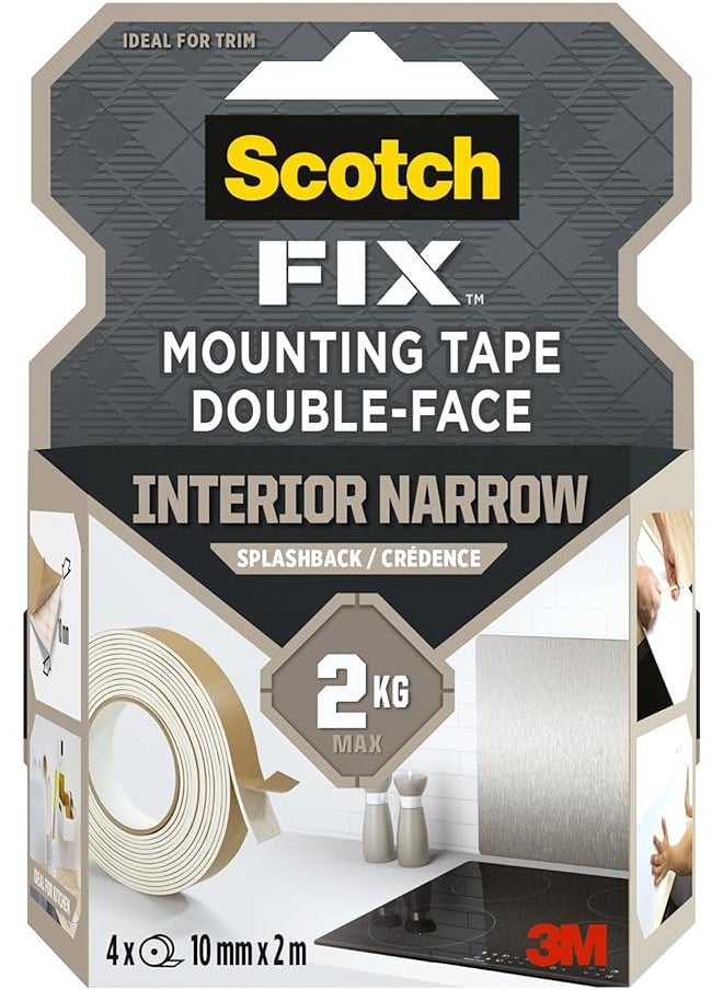 Scotch  Scotch Mount Tape for Splashback panels 10mmx2m, 4 rolls/pack | White color | Holds up 2 kg per whole roll | Good Strength | Multi-Surface | Easy to use | No Tools | Double Sided Adhesive Tape 