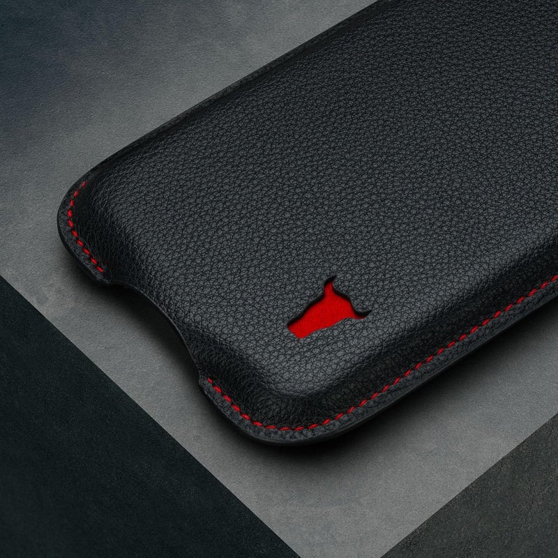 TORRO Sleeve Case Compatible with iPhone - 6.3/6.1 Inch Screen Size - Genuine Leather Pouch Cover, Slim and Lightweight, Black with Red Stitching - Image 3
