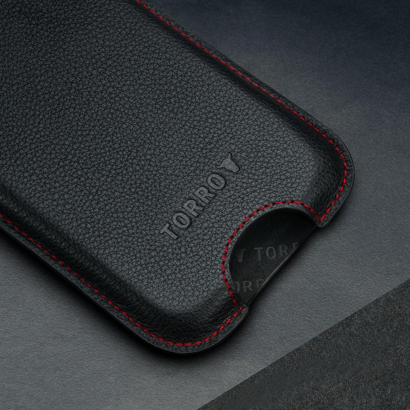 TORRO Sleeve Case Compatible with iPhone - 6.3/6.1 Inch Screen Size - Genuine Leather Pouch Cover, Slim and Lightweight, Black with Red Stitching - Image 4