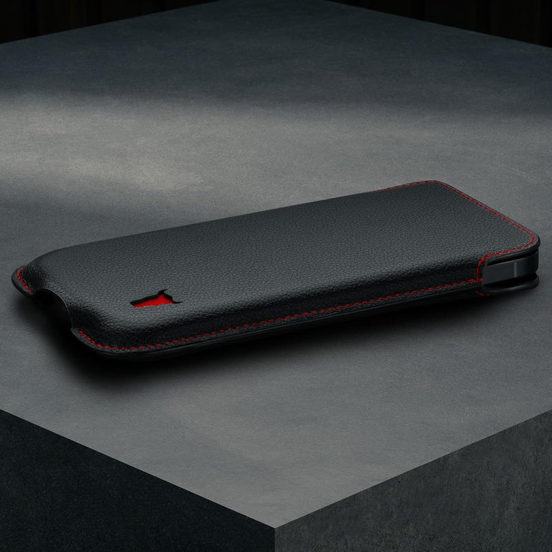 TORRO Sleeve Case Compatible with iPhone - 6.3/6.1 Inch Screen Size - Genuine Leather Pouch Cover, Slim and Lightweight, Black with Red Stitching - Image 2