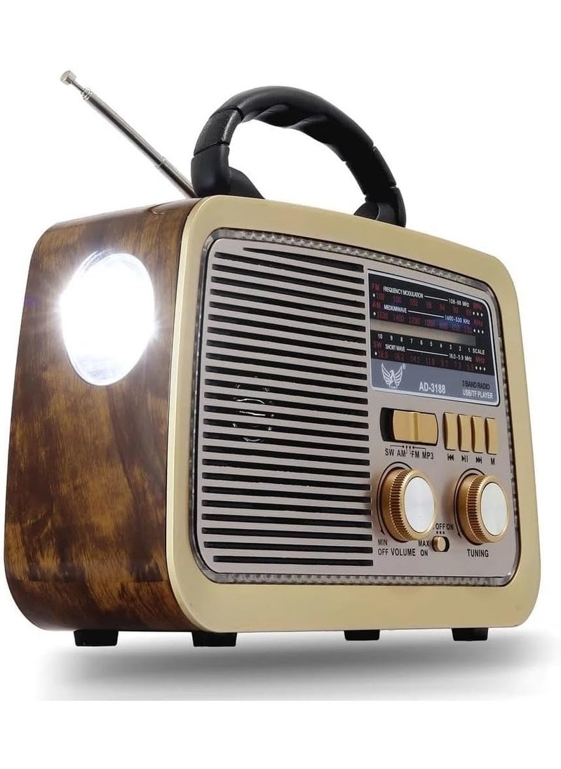 Denx Gold Crest Old Radio Speaker Bluetooth & HIFI-Speaker with Solar Panels, Sd Card, Usb And Aux Port, Radio FM/ AM/SW Brown wood Portable Audio TF Card USB Flash disk Aux playback, GO-1182US-BT  - Image 2